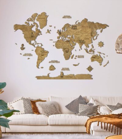 Carte du monde en bois 2D Foncée